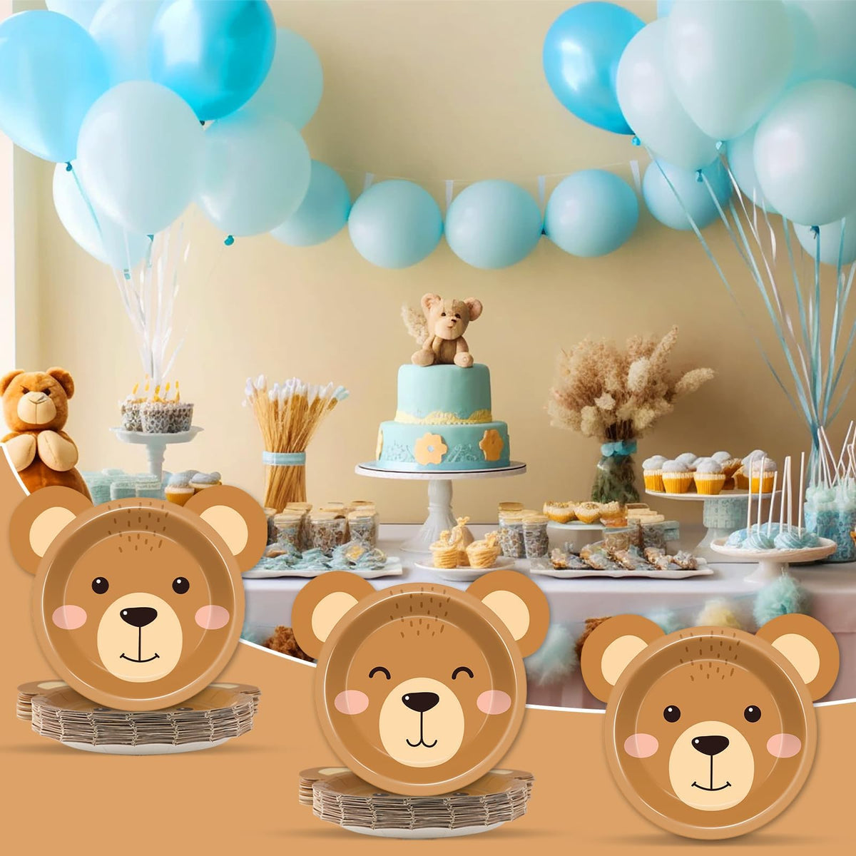 Naozinebi Bear-Shaped Paper Plates – 50 Count Disposable Tableware for Baby Showers & Birthday Parties