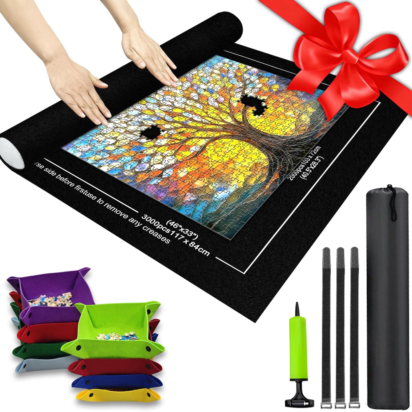 Napzy Puzzle Mat Roll Up — 3000-Piece Jigsaw Organizer with 8 Sorting Trays & Drawstring Bag