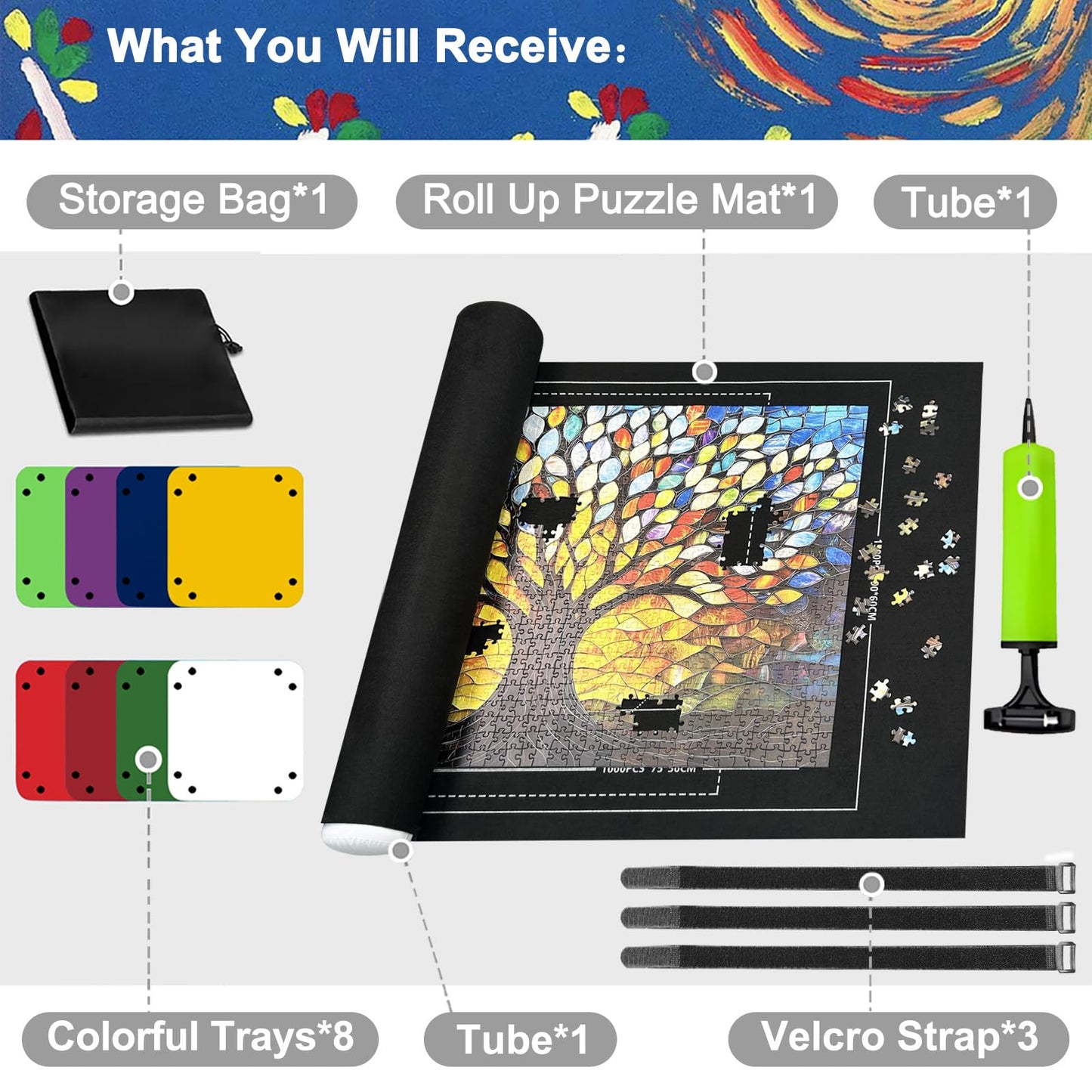 Napzy Puzzle Mat Rollup – Large Foldable Puzzle Board with 8 Trays & Drawstring Bag for 500–1500 PCS