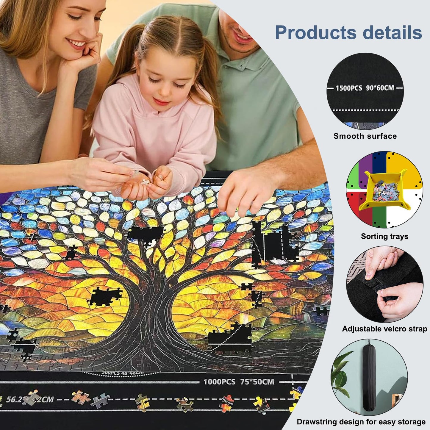 Napzy Puzzle Mat Rollup – Large Foldable Puzzle Board with 8 Trays & Drawstring Bag for 500–1500 PCS