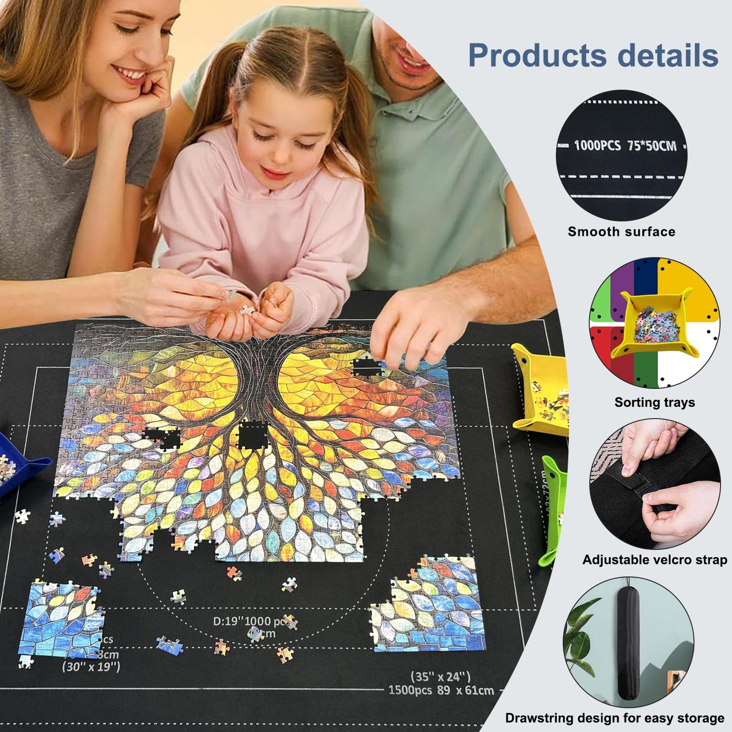 Napzy Puzzle Mat Roll Up — 3000-Piece Jigsaw Organizer with 8 Sorting Trays & Drawstring Bag
