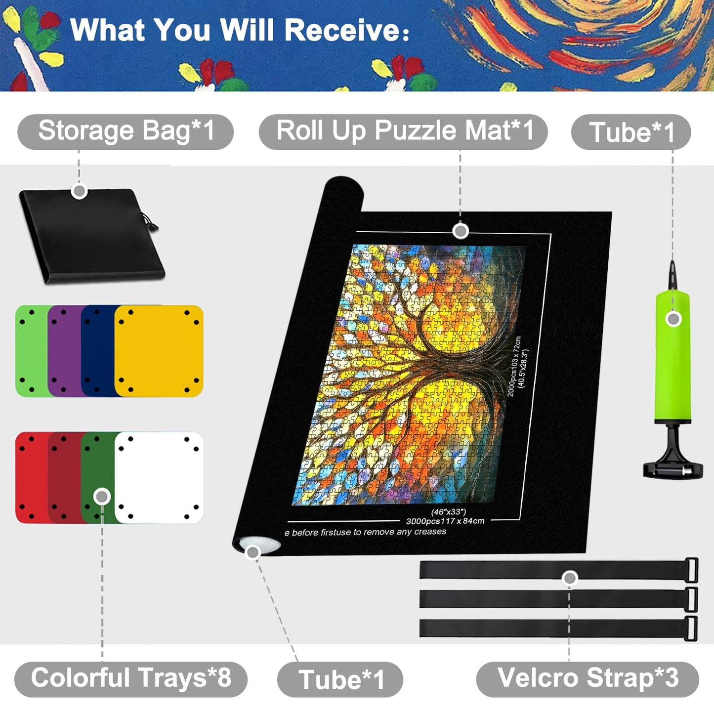 Napzy Puzzle Mat Roll Up — 3000-Piece Jigsaw Organizer with 8 Sorting Trays & Drawstring Bag