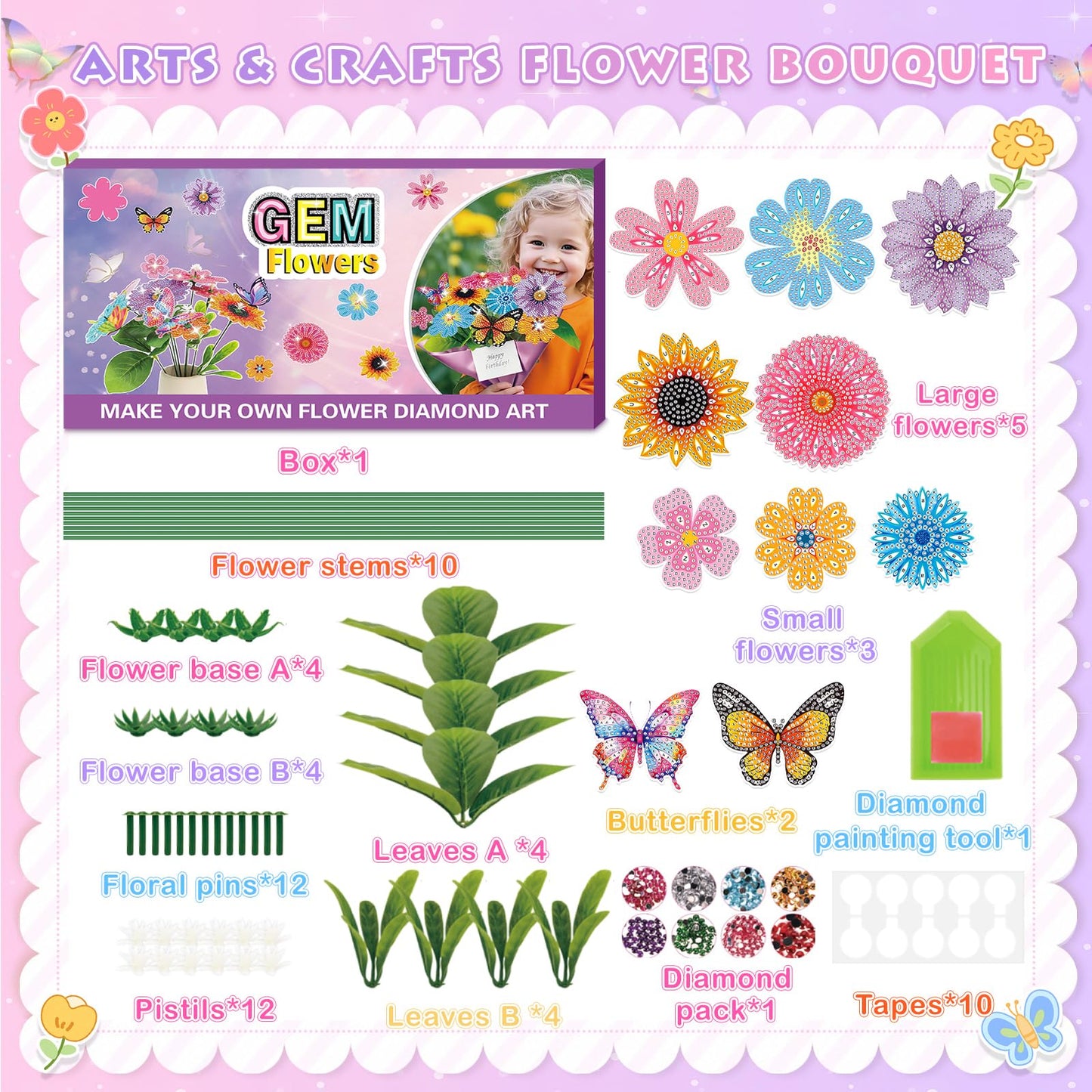 Nardoll GEM Art Flower Bouquet Kit for Kids 8-12 – 5D Diamond Art DIY Crafts