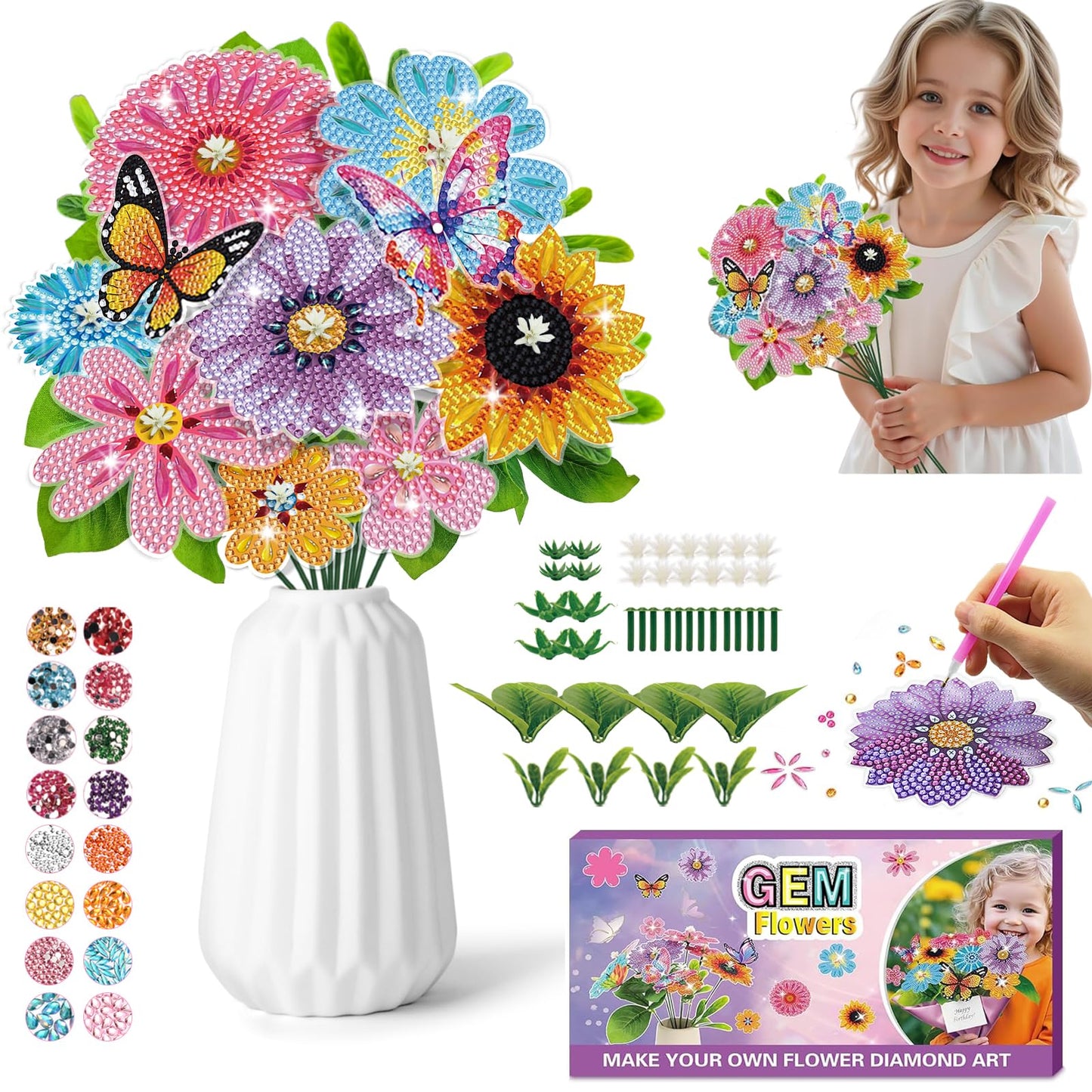 Nardoll GEM Art Flower Bouquet Kit for Kids 8-12 – 5D Diamond Art DIY Crafts