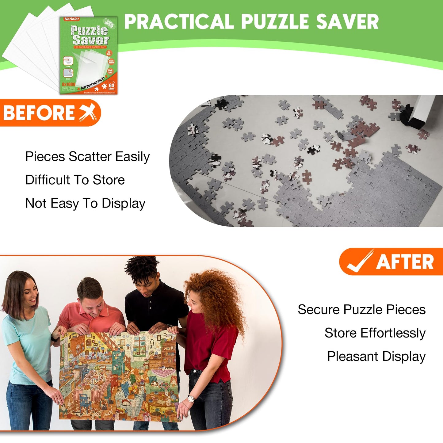 Nariolar Ultra-Adhesion Puzzle Glue Sheets — 64 Saver Sheets for Up to 8x1000-Piece Jigsaws