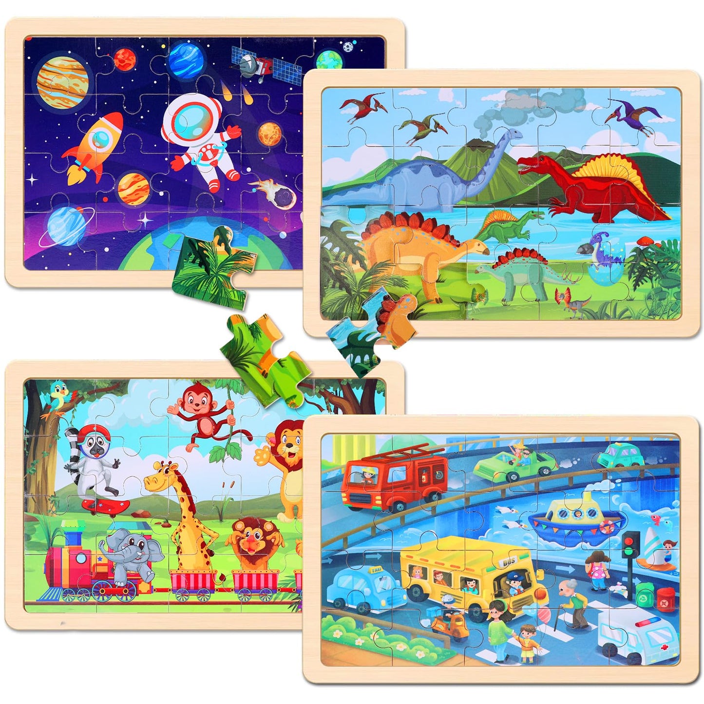 NASHRIO Wooden Jigsaw Puzzles – 4-Pack for Preschoolers (Ages 3-5), 20-Piece Dinosaurs, Space, Transportation & Animals