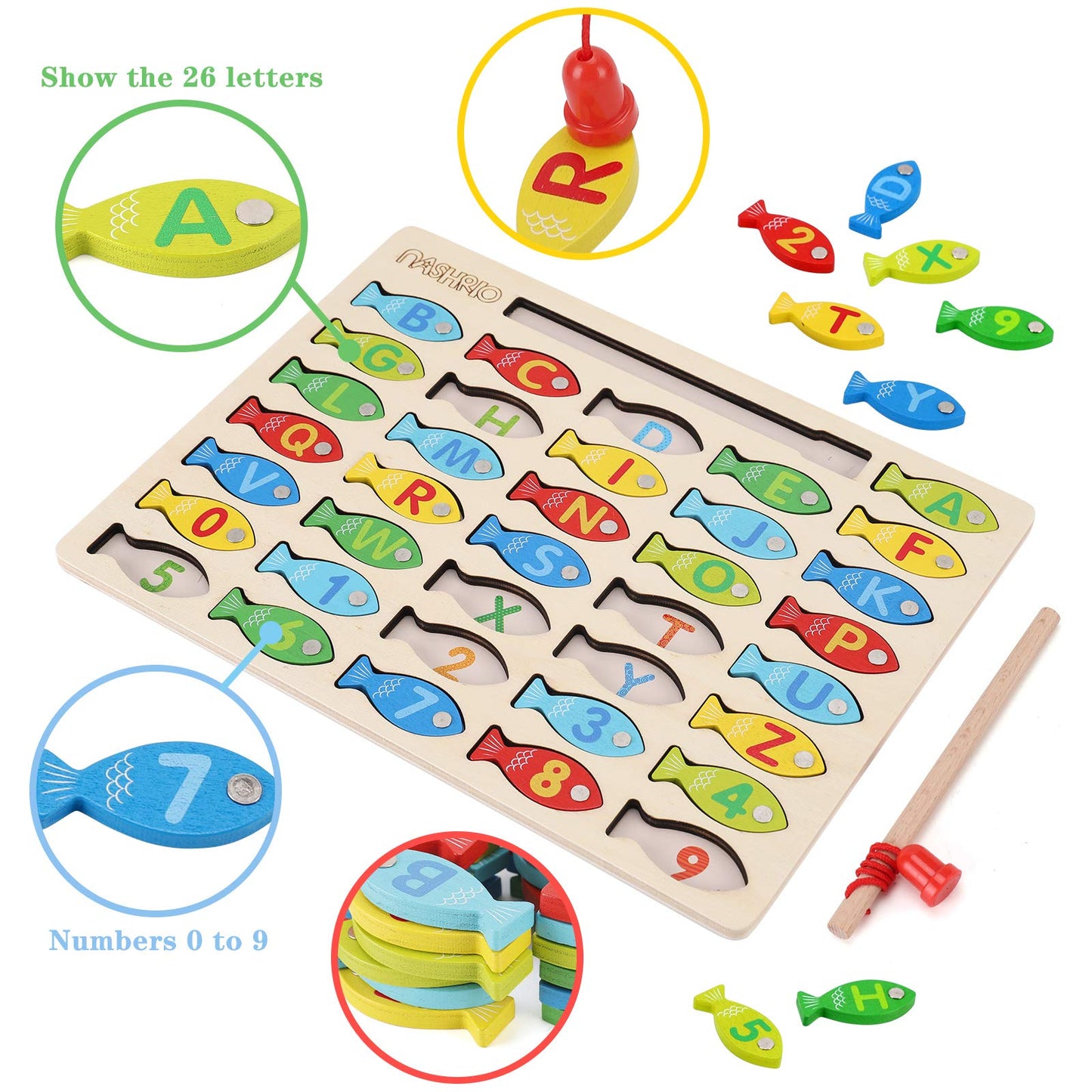 NASHRIO Magnetic Wooden Fishing Game for Toddlers — ABC & Numbers Learning Toy