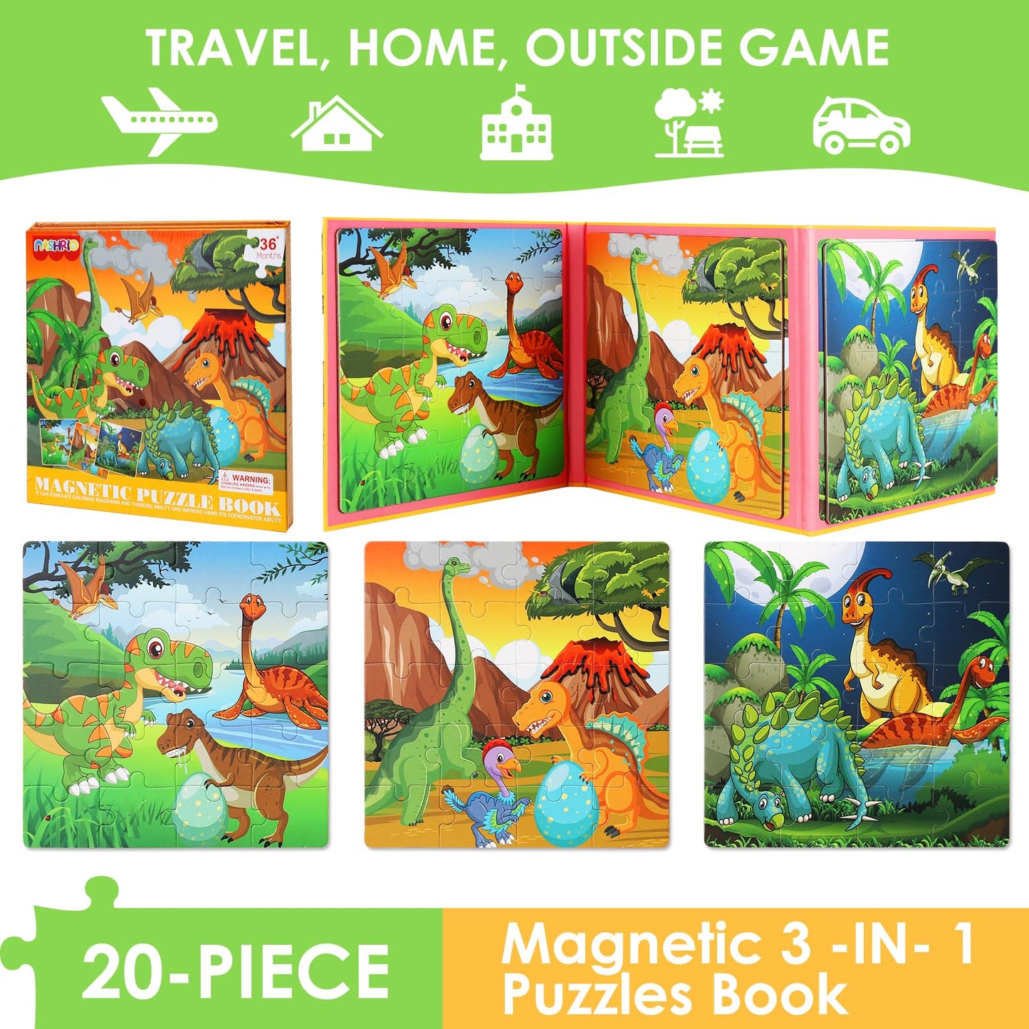 NASHRIO Magnetic Dinosaur Puzzles – 20-Piece Travel Toys for Kids 2-6