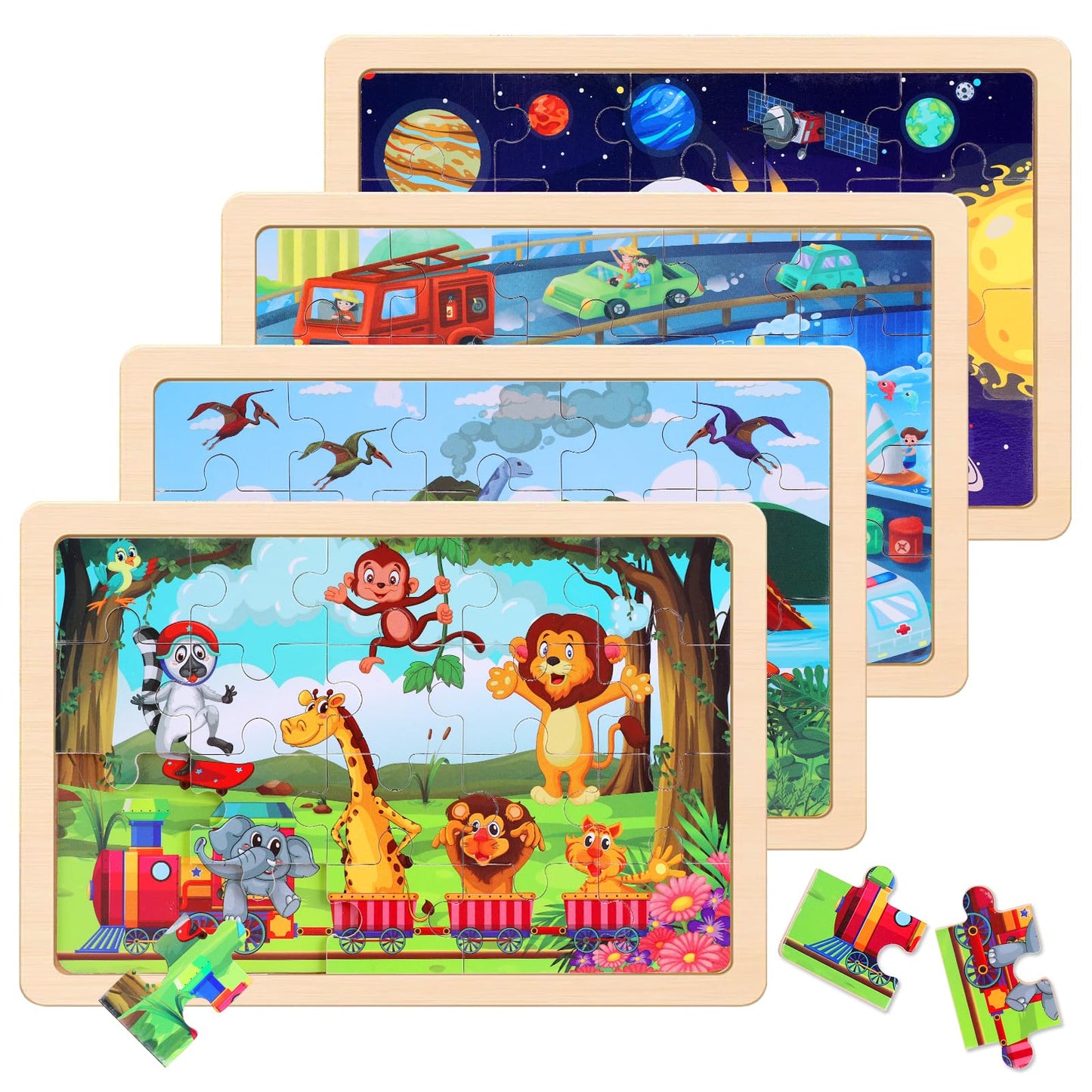 NASHRIO Wooden Jigsaw Puzzles – 4-Pack for Preschoolers (Ages 3-5), 20-Piece Dinosaurs, Space, Transportation & Animals
