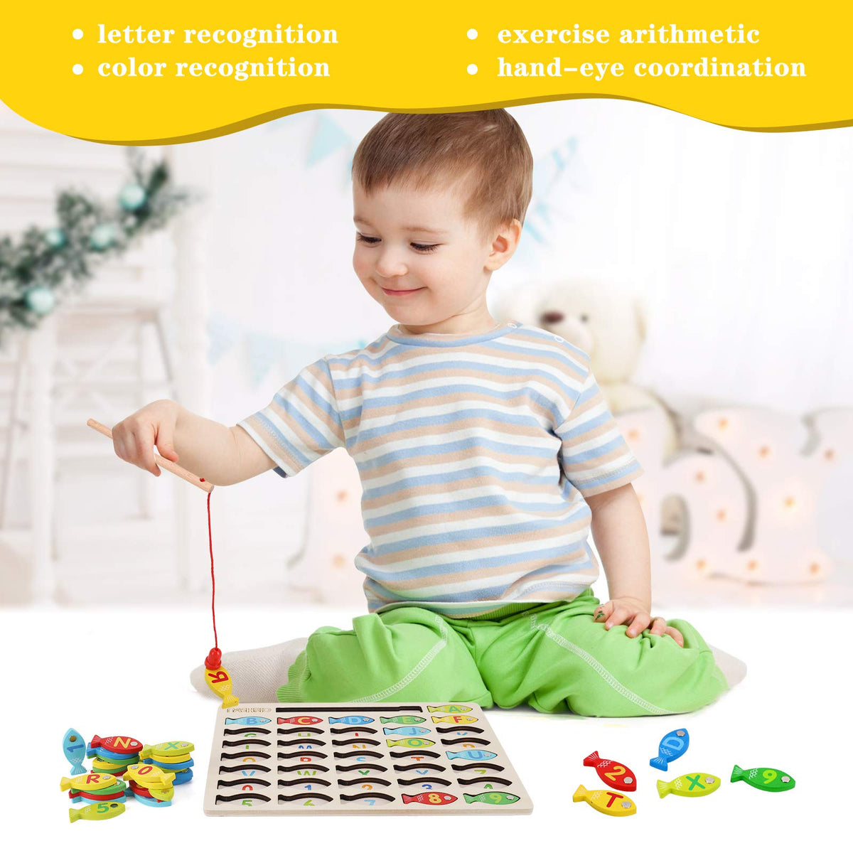 NASHRIO Magnetic Wooden Fishing Game for Toddlers — ABC & Numbers Learning Toy