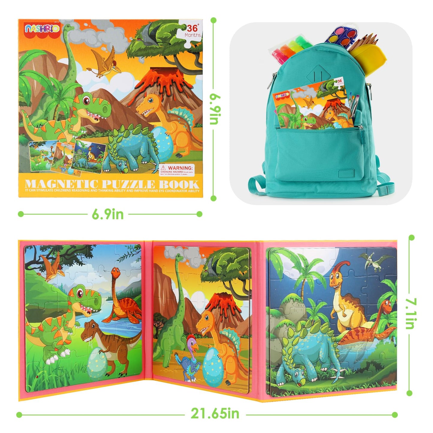 NASHRIO Magnetic Dinosaur Puzzles – 20-Piece Travel Toys for Kids 2-6