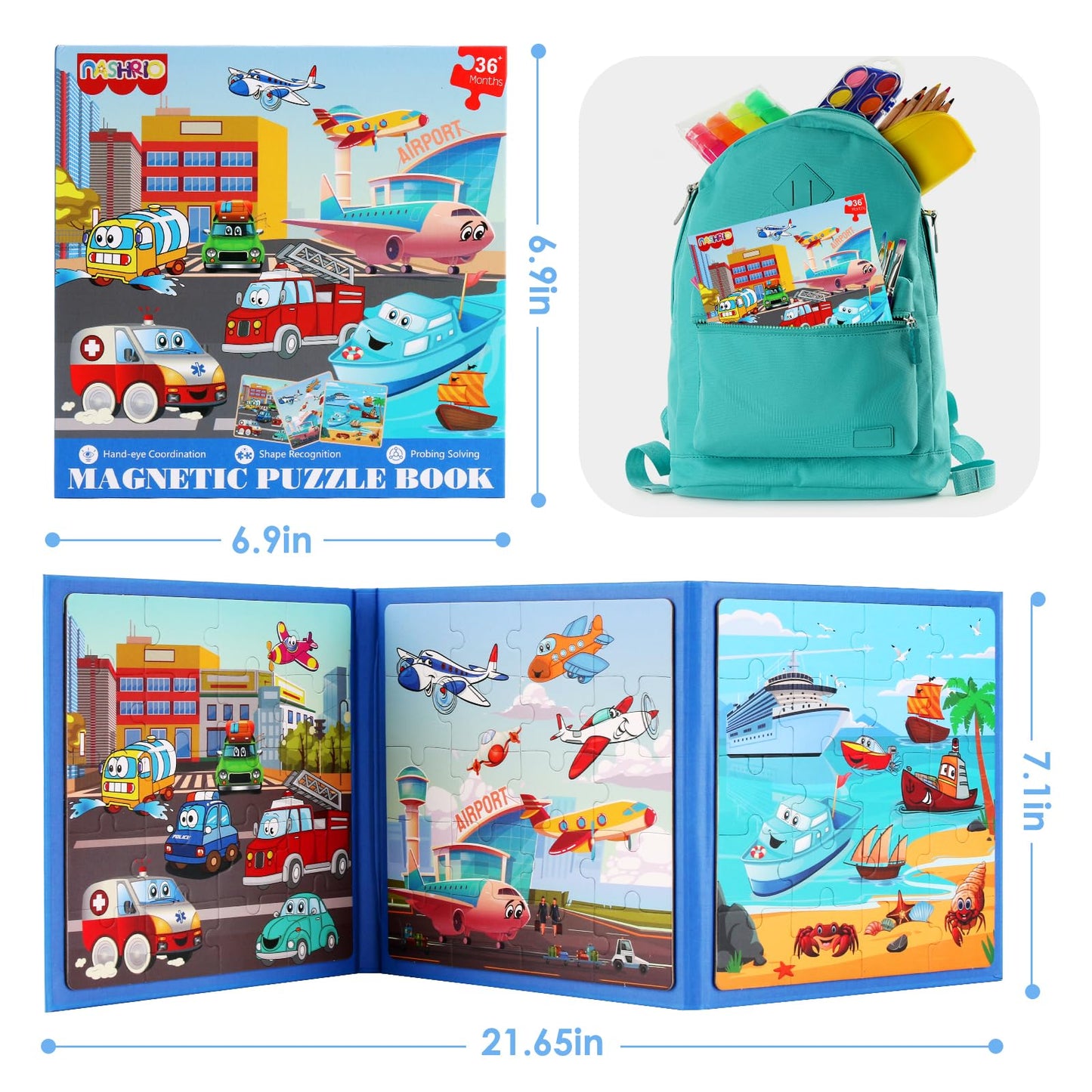 NASHRIO Magnetic Puzzles for Kids – 20-Piece Transportation Puzzles (Ages 3-6)