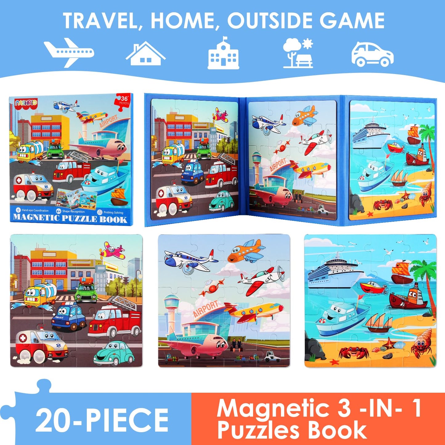 NASHRIO Magnetic Puzzles for Kids – 20-Piece Transportation Puzzles (Ages 3-6)