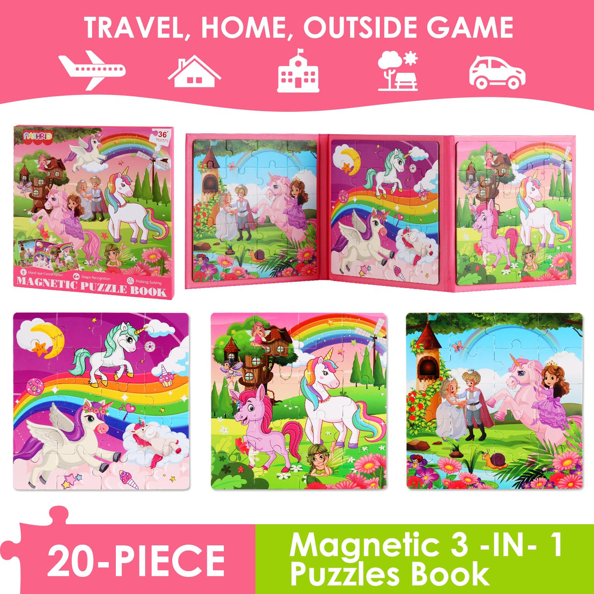 NASHRIO Magnetic Puzzles for Kids 4-6 — Unicorn & Princess 20-Piece Travel Puzzles