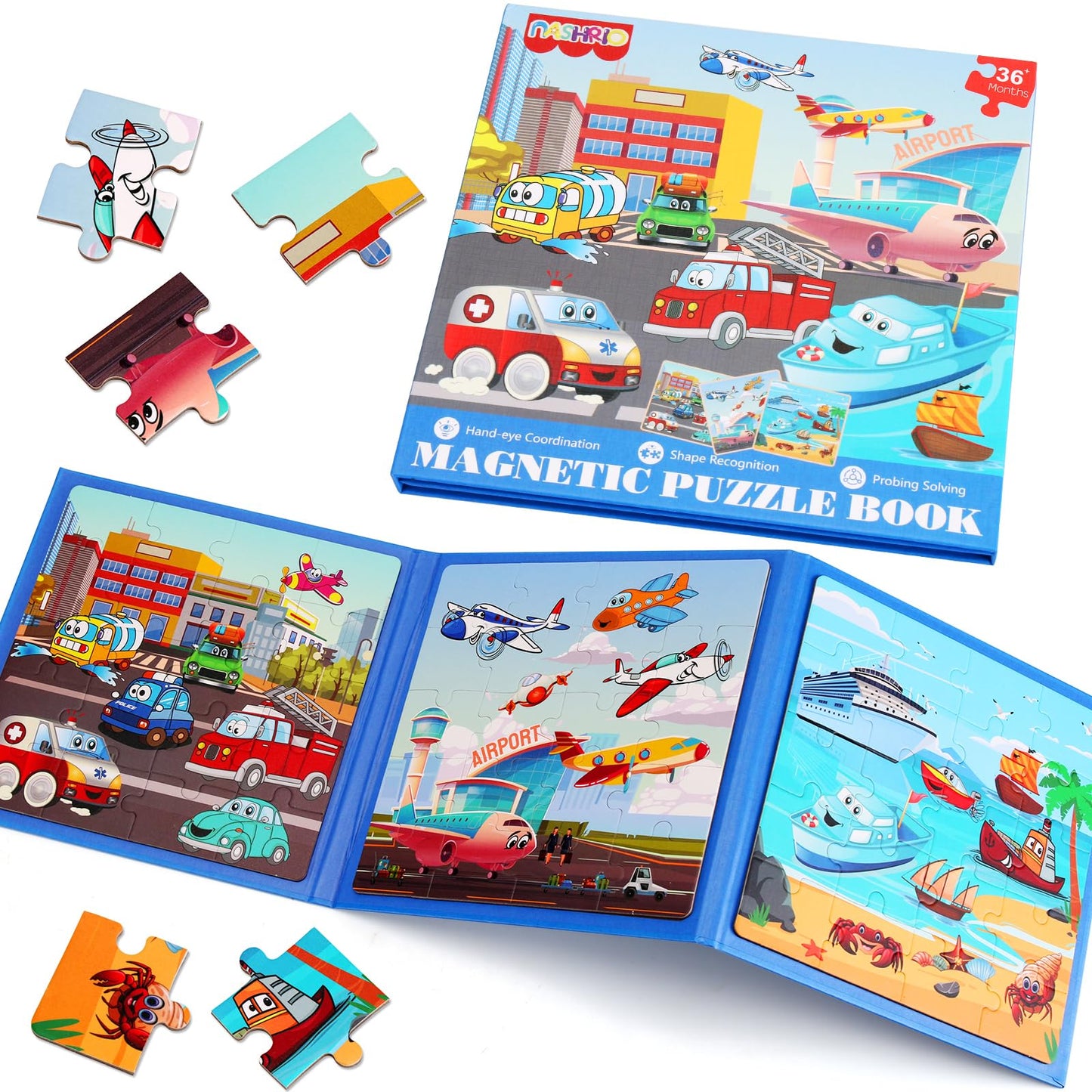 NASHRIO Magnetic Puzzles for Kids – 20-Piece Transportation Puzzles (Ages 3-6)