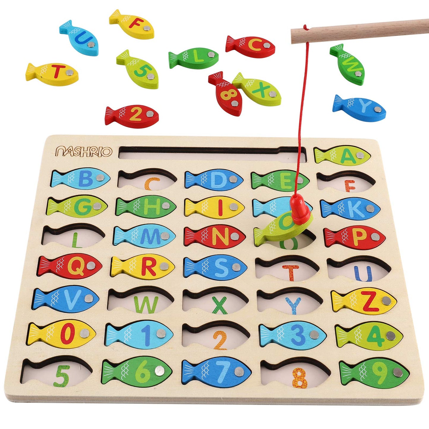 NASHRIO Magnetic Wooden Fishing Game for Toddlers — ABC & Numbers Learning Toy