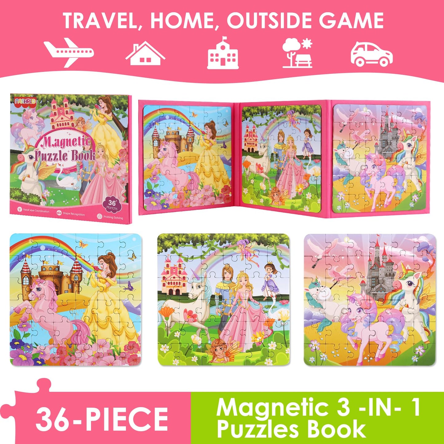 NASHRIO Princess Magnetic Puzzles – 36-Piece Travel Toys for 3-6