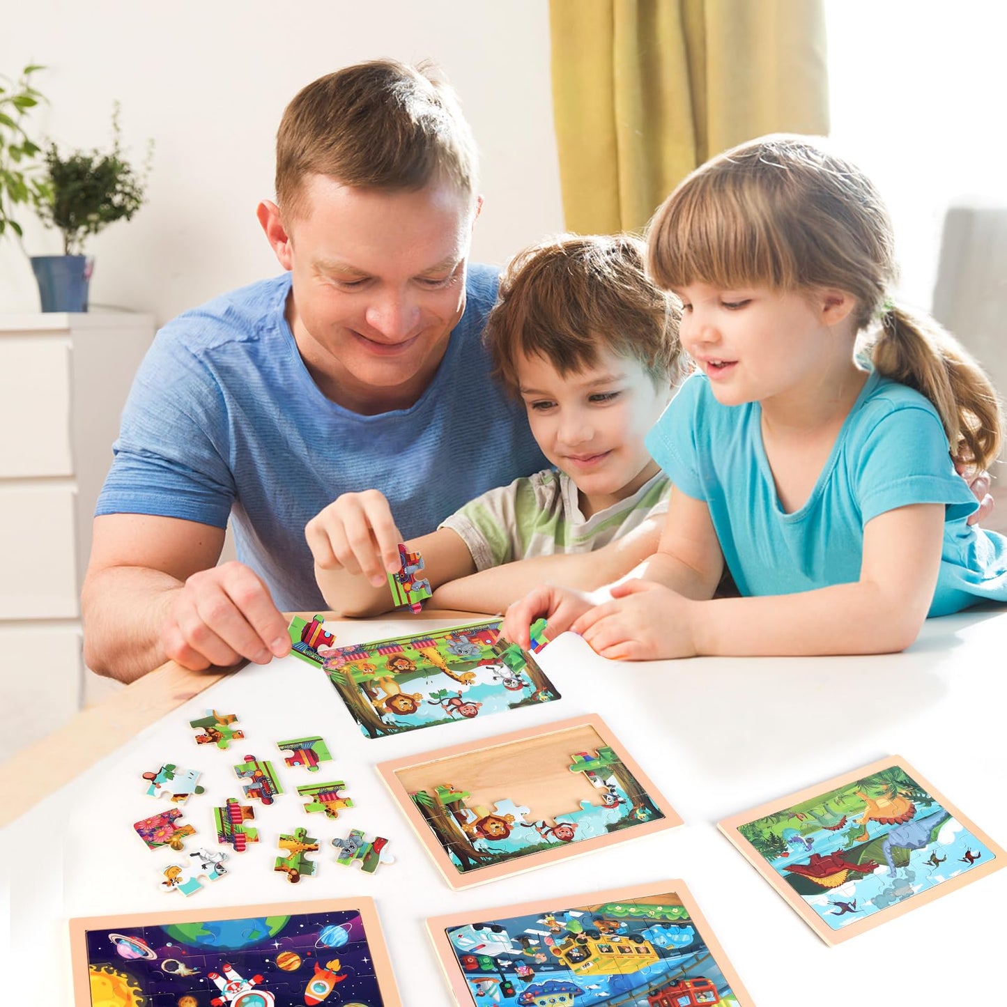 NASHRIO Wooden Jigsaw Puzzles – 4-Pack for Preschoolers (Ages 3-5), 20-Piece Dinosaurs, Space, Transportation & Animals