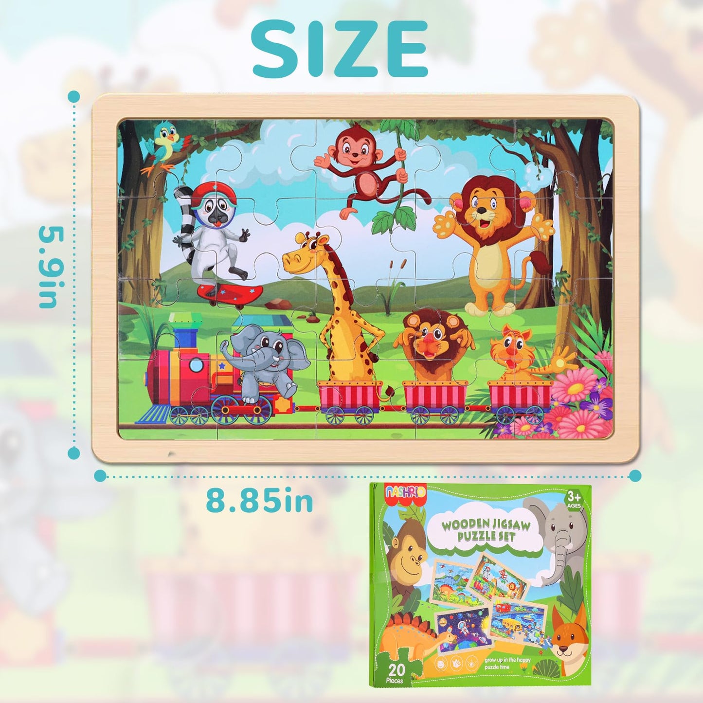 NASHRIO Wooden Jigsaw Puzzles – 4-Pack for Preschoolers (Ages 3-5), 20-Piece Dinosaurs, Space, Transportation & Animals