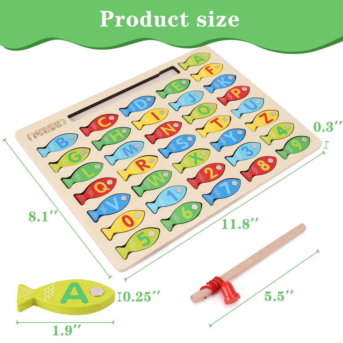 NASHRIO Magnetic Wooden Fishing Game for Toddlers — ABC & Numbers Learning Toy