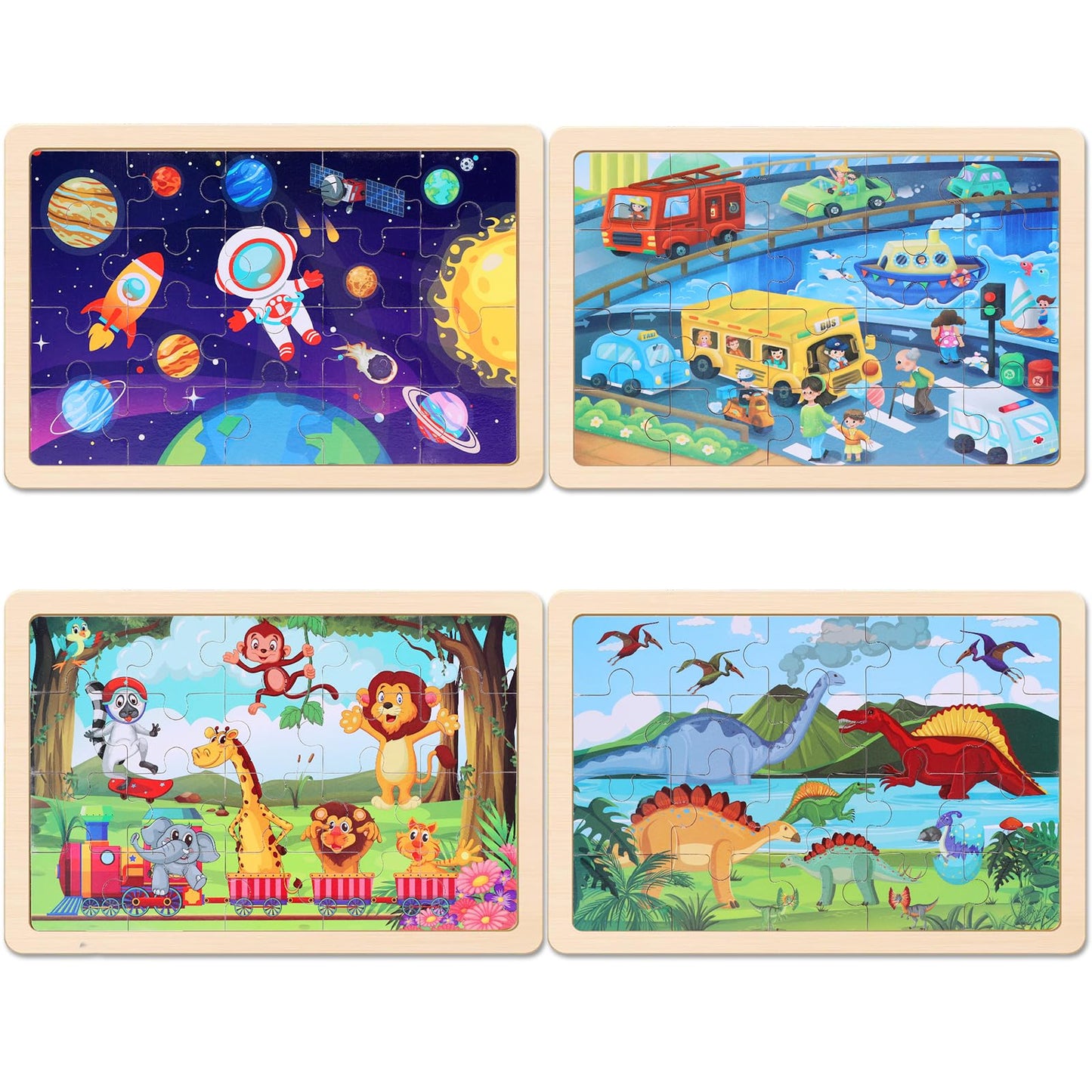 NASHRIO Wooden Jigsaw Puzzles – 4-Pack for Preschoolers (Ages 3-5), 20-Piece Dinosaurs, Space, Transportation & Animals