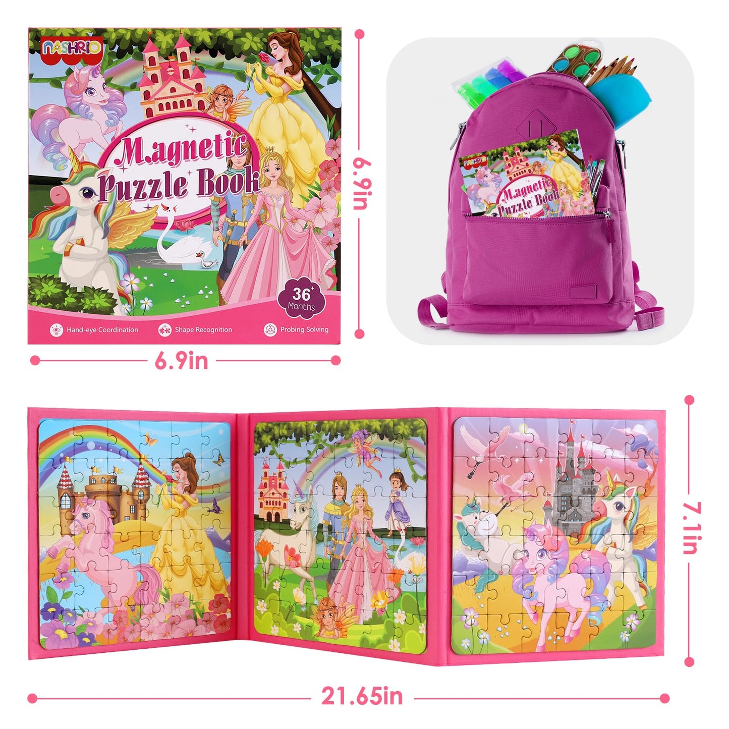 NASHRIO Princess Magnetic Puzzles – 36-Piece Travel Toys for 3-6