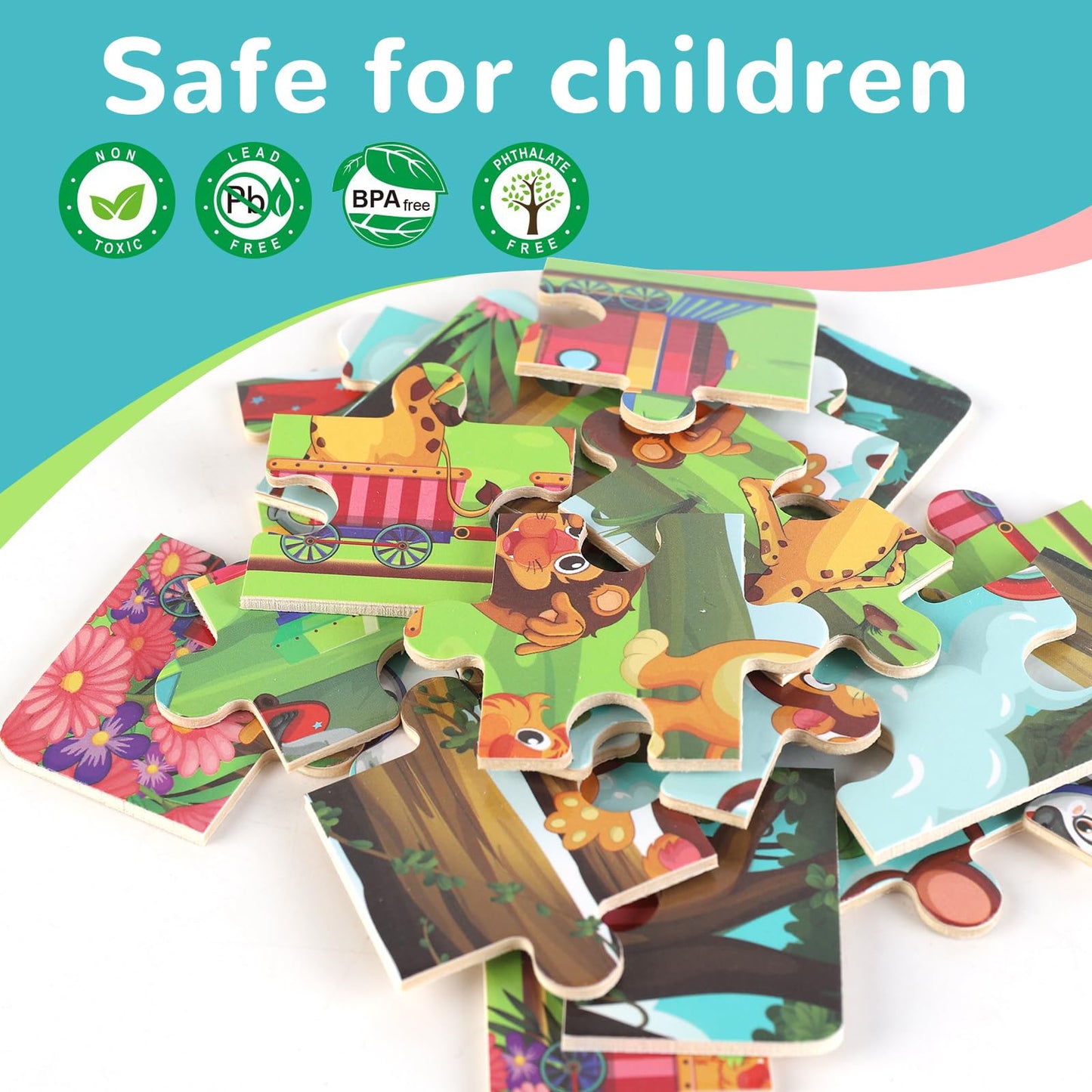 NASHRIO Wooden Jigsaw Puzzles – 4-Pack for Preschoolers (Ages 3-5), 20-Piece Dinosaurs, Space, Transportation & Animals