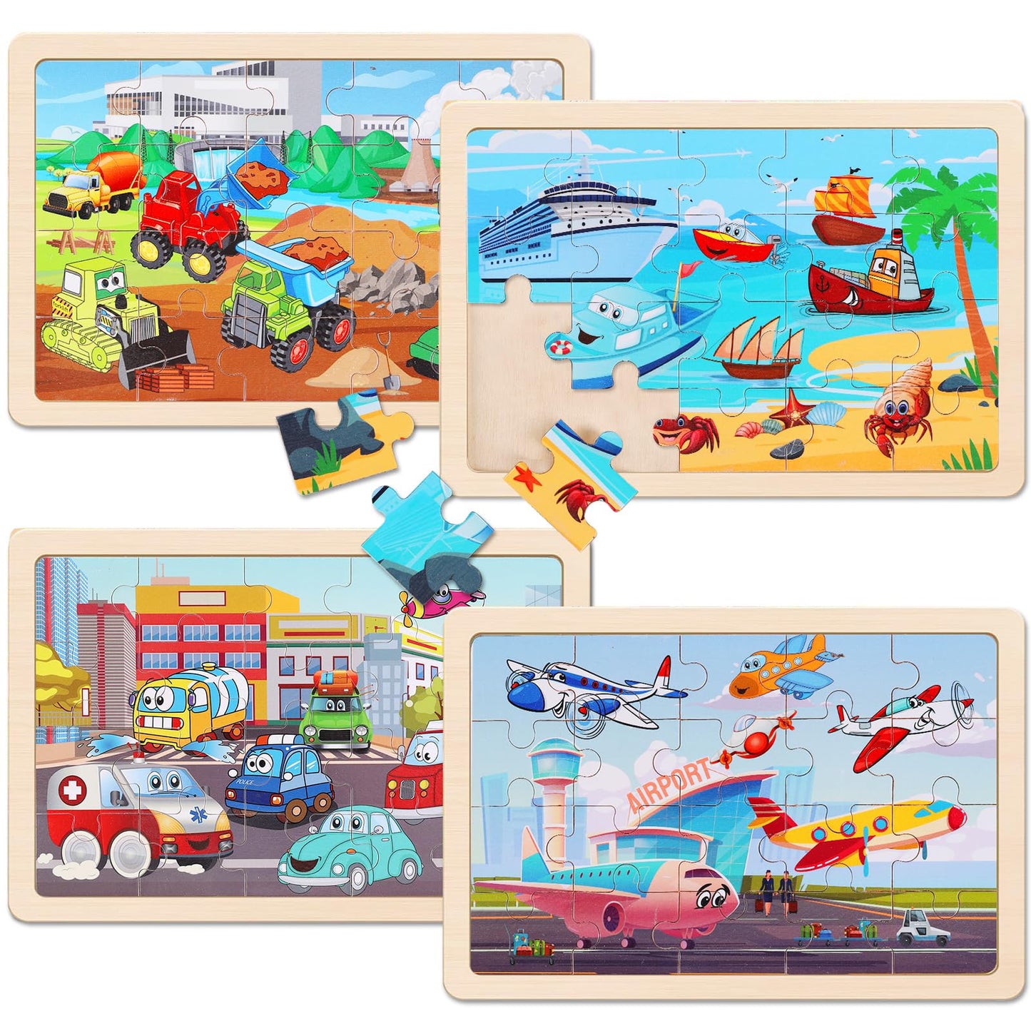 NASHRIO Wooden Transportation Puzzles – 4-Pack, 20-Piece for Ages 3-6