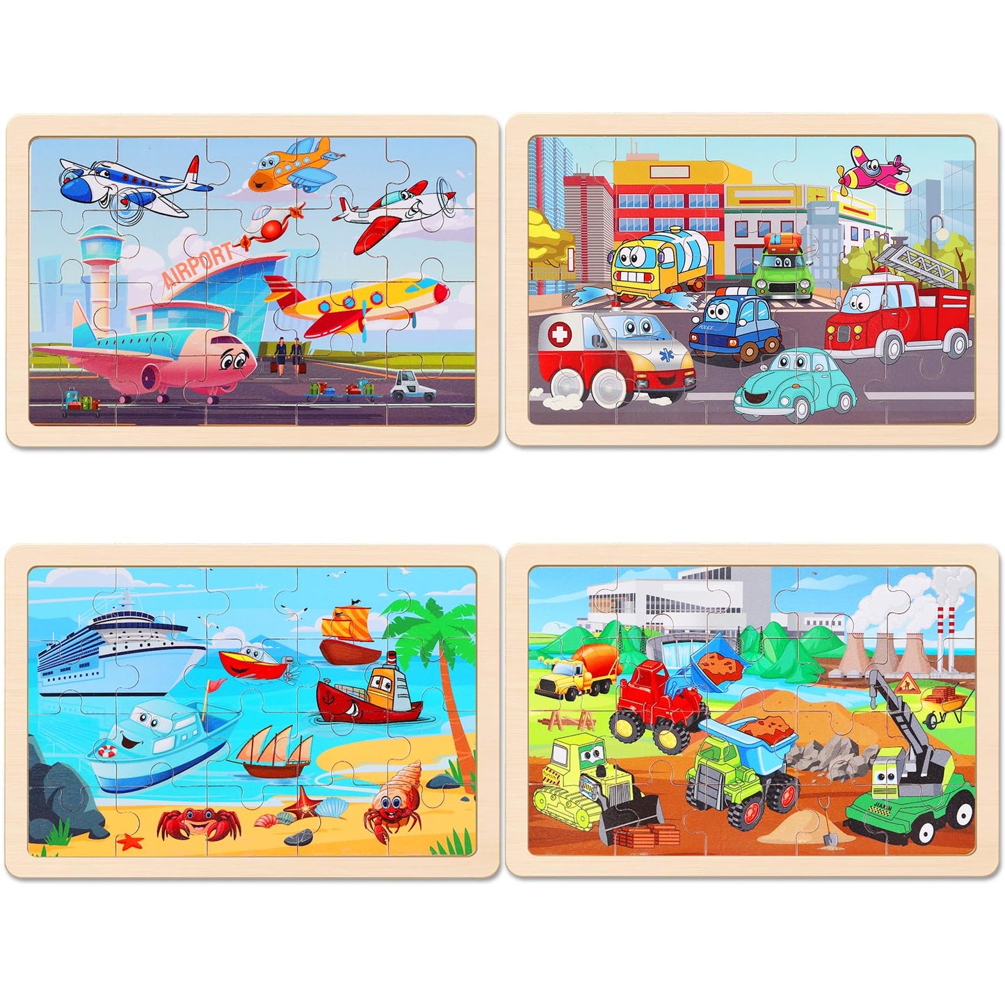 NASHRIO Wooden Transportation Puzzles – 4-Pack, 20-Piece for Ages 3-6
