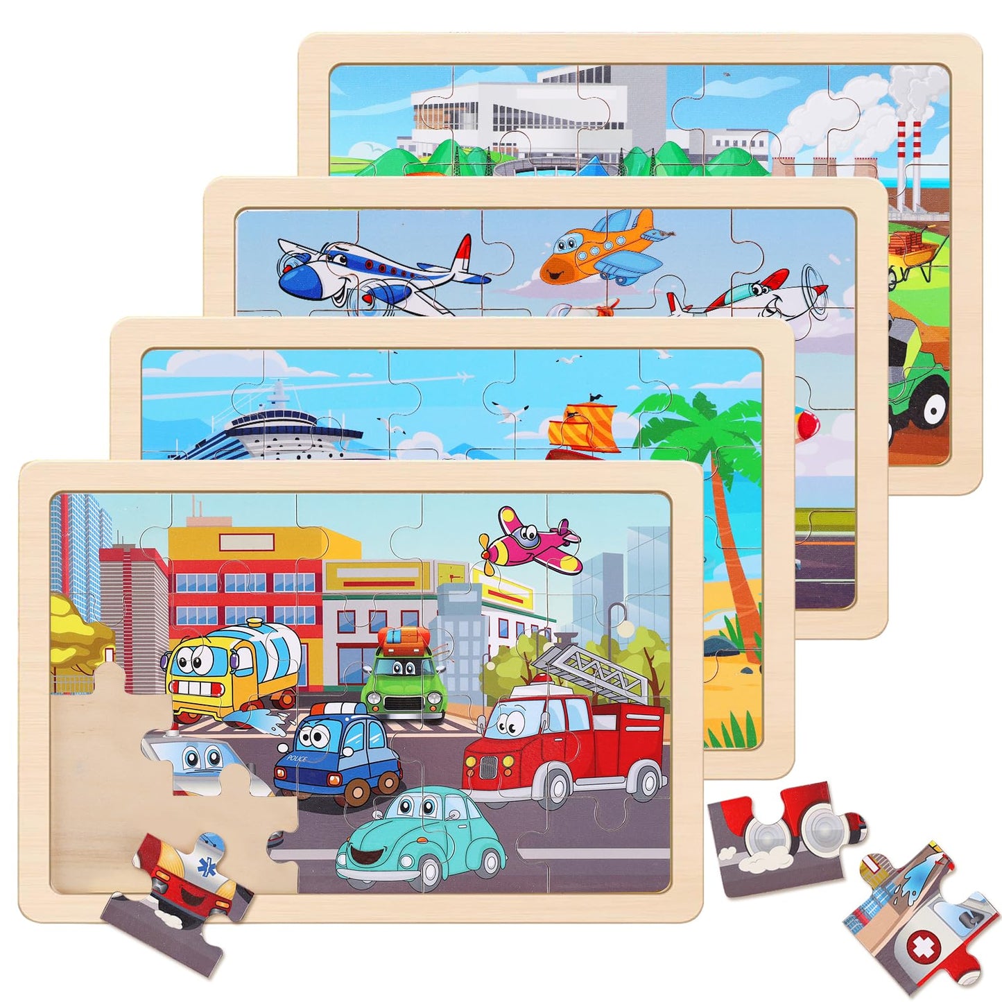 NASHRIO Wooden Transportation Puzzles – 4-Pack, 20-Piece for Ages 3-6