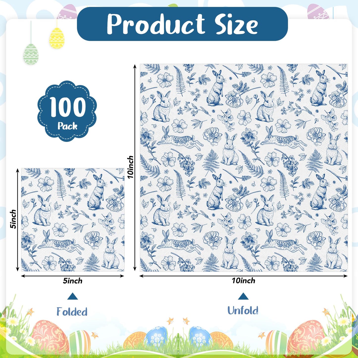 NatNarr 100 Pcs Easter Napkins – Blue Bunny Chinoiserie, Folded 5x5in