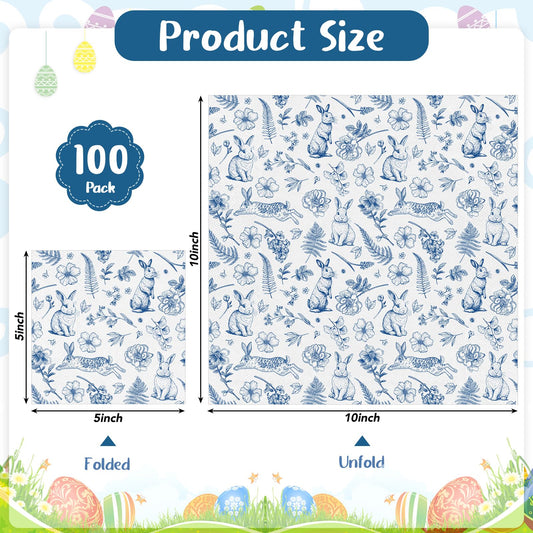 NatNarr 100 Pcs Easter Napkins – Blue Bunny Chinoiserie, Folded 5x5in