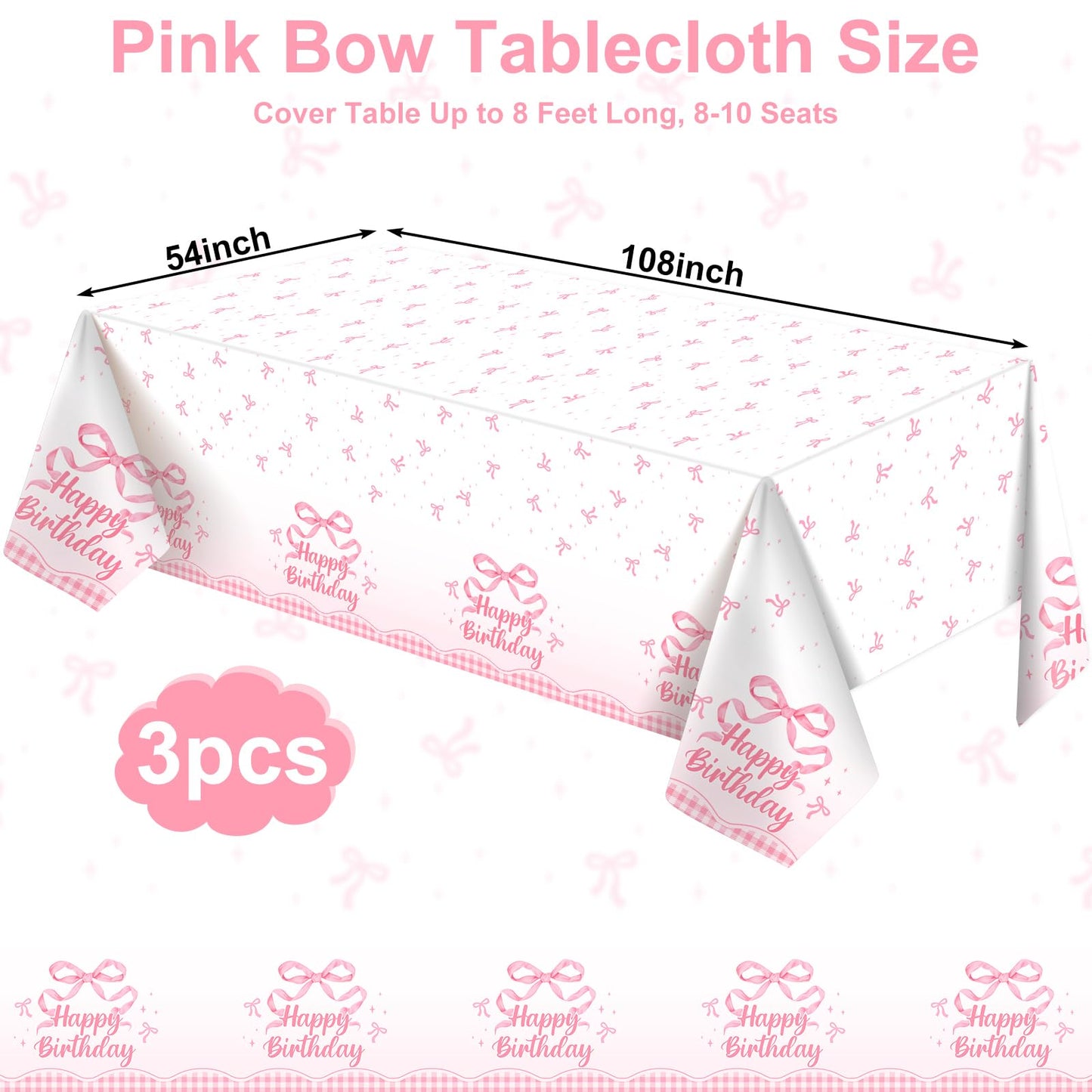 NatNarr 3-Pack Coquette Pink Bow Tablecloth — 54x108 Inch Disposable Waterproof Table Cover for Rectangular Tables