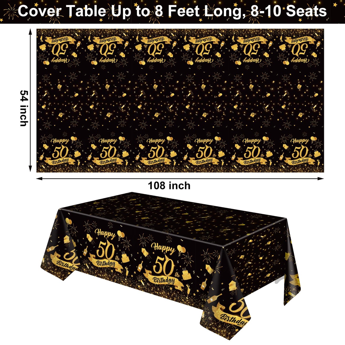NatNarr 3 Pack 54x108 Inch Black Gold Disposable Tablecloths – Waterproof Rectangle Cover for 50th Birthday Parties