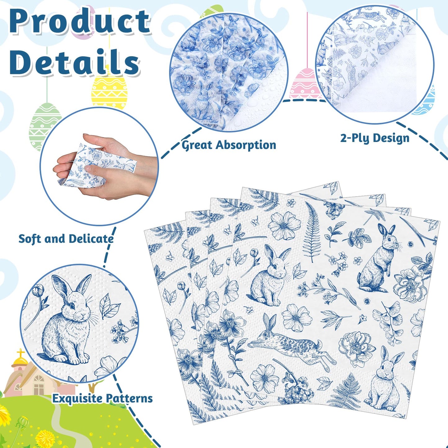 NatNarr 100 Pcs Easter Napkins – Blue Bunny Chinoiserie, Folded 5x5in