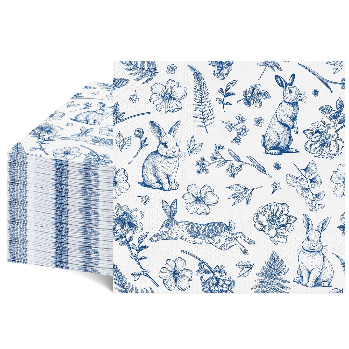 NatNarr 100 Pcs Easter Napkins – Blue Bunny Chinoiserie, Folded 5x5in