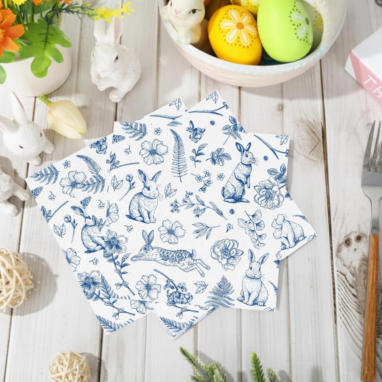 NatNarr 100 Pcs Easter Napkins – Blue Bunny Chinoiserie, Folded 5x5in