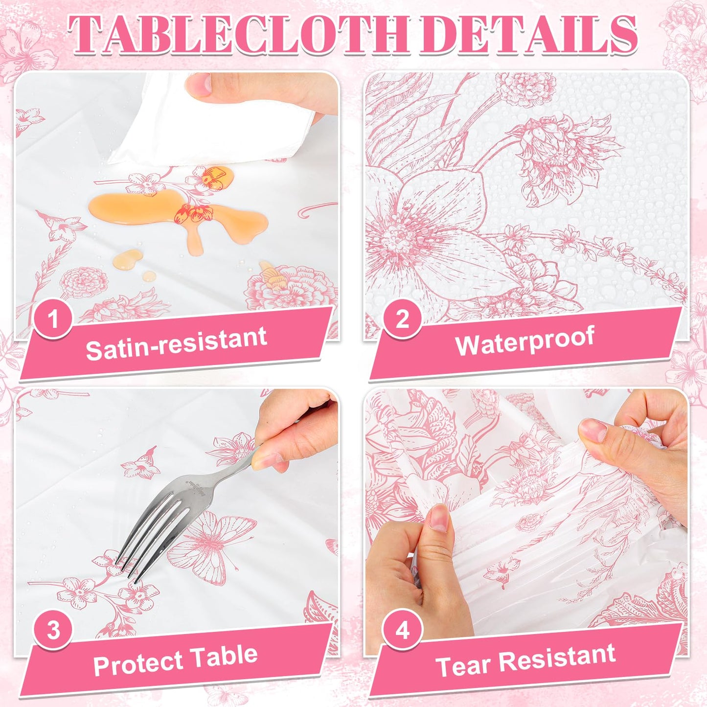 NatNarr 3 Pack Pink Floral Tablecloths – 54x108 in Disposable Vintage Table Cover