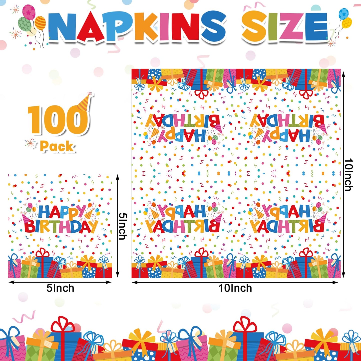 NatNarr 100 Pcs Happy Birthday Napkins – Rainbow Dots & Gift Box Pattern (Folded 5x5 in)