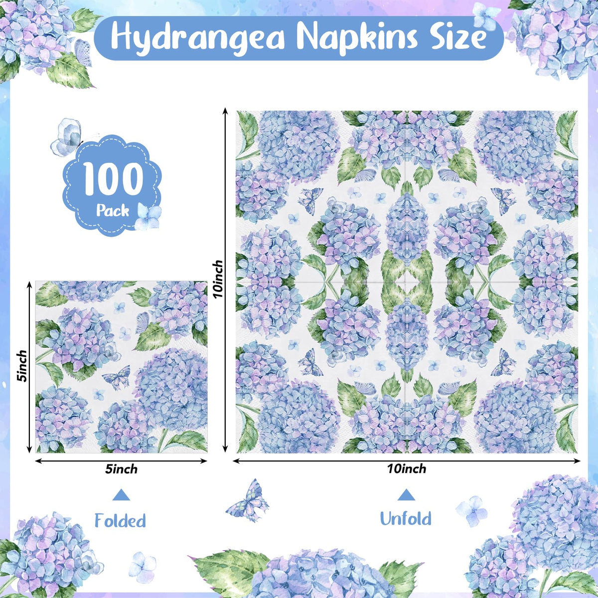 NatNarr Hydrangea Napkins 100 Pcs – Floral Blue and Purple Hydrangea Pattern