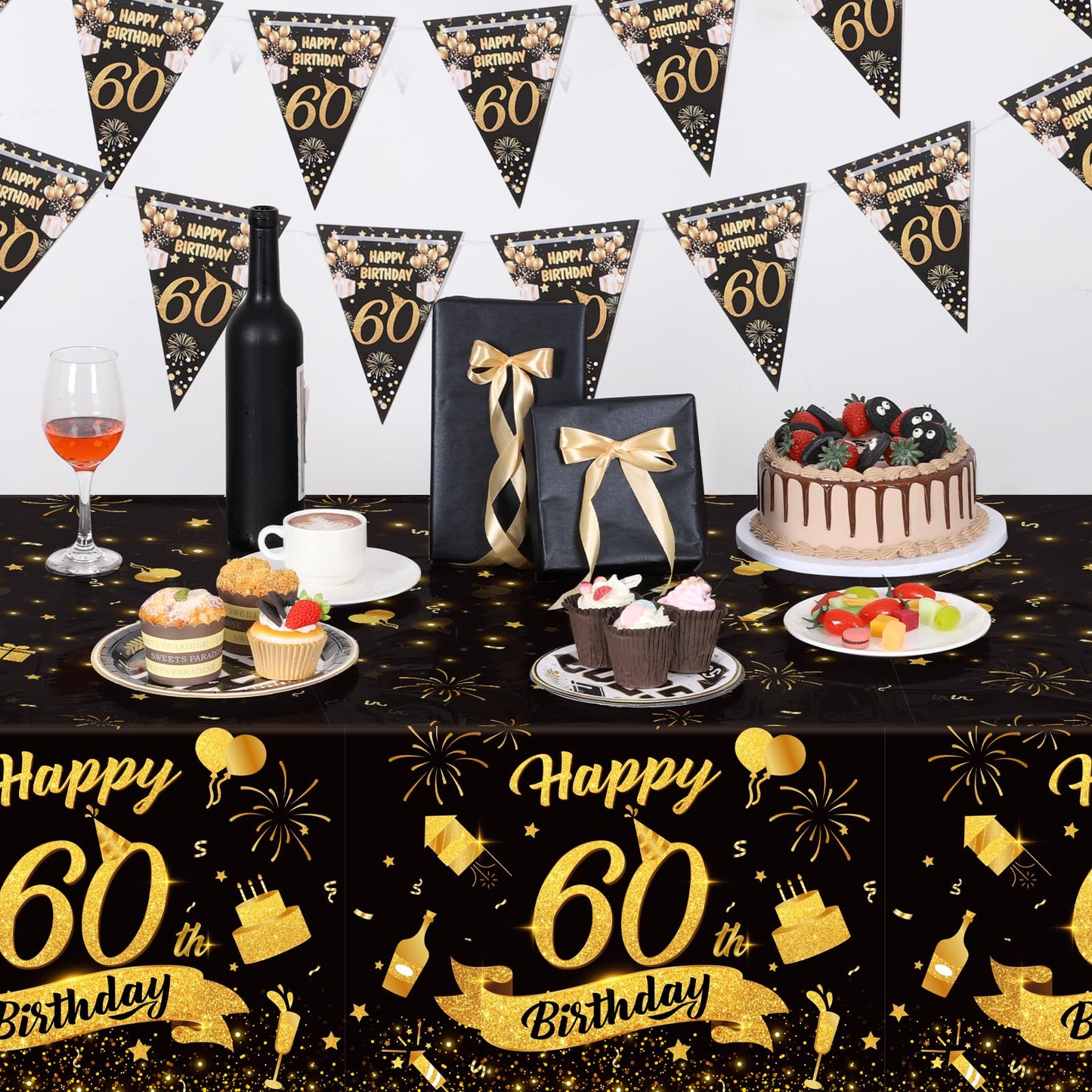 NatNarr 3-Pack 54x108 Black Gold 60th Birthday Tablecloth – Disposable Rectangle