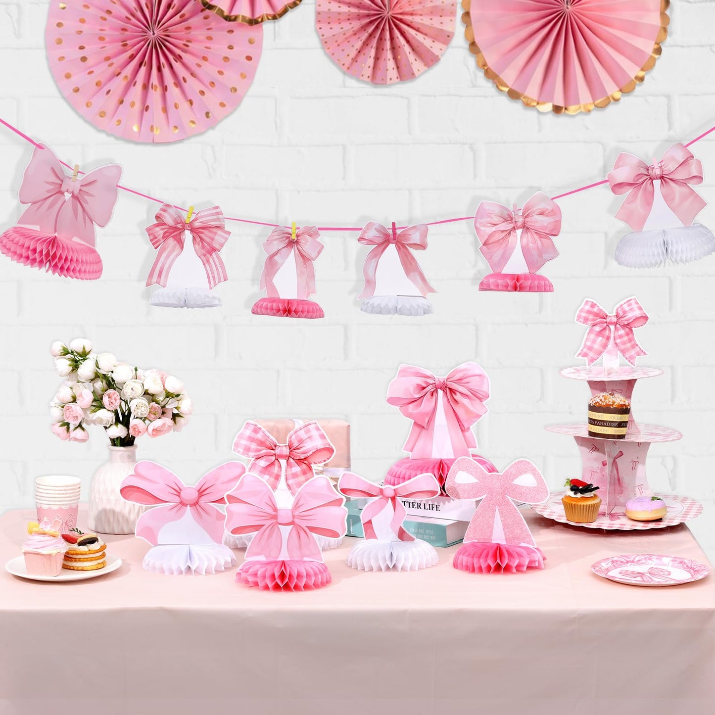 NatNarr 12 Pcs Pink Bow Honeycomb Centerpieces – Coquette Theme Party Decorations