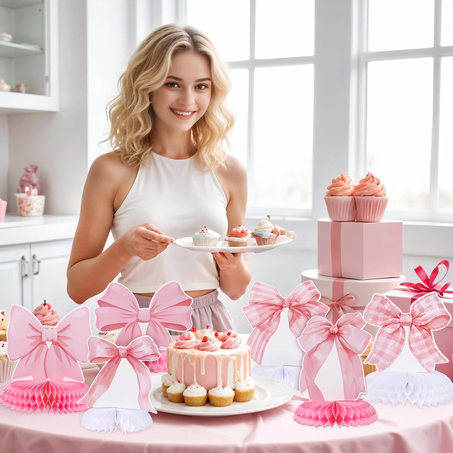 NatNarr 12 Pcs Pink Bow Honeycomb Centerpieces – Coquette Theme Party Decorations