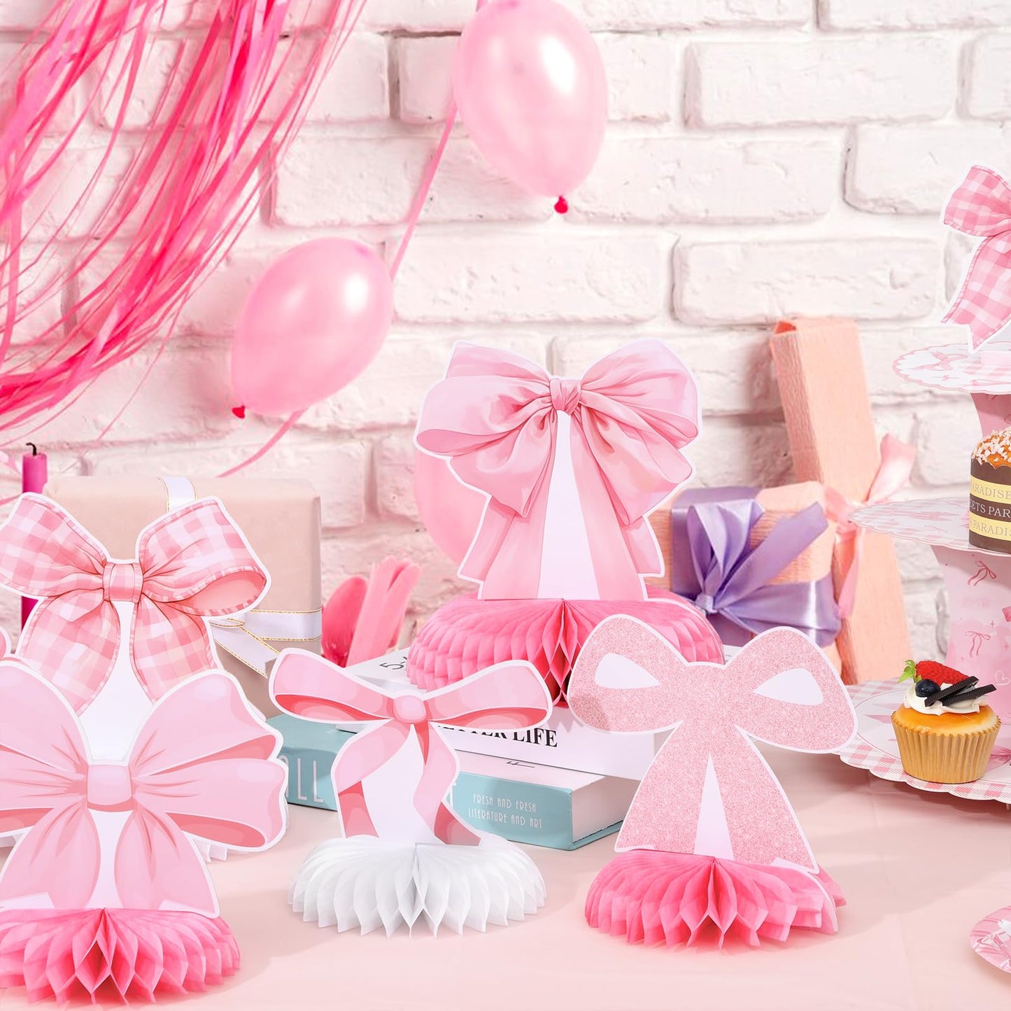 NatNarr 12 Pcs Pink Bow Honeycomb Centerpieces – Coquette Theme Party Decorations