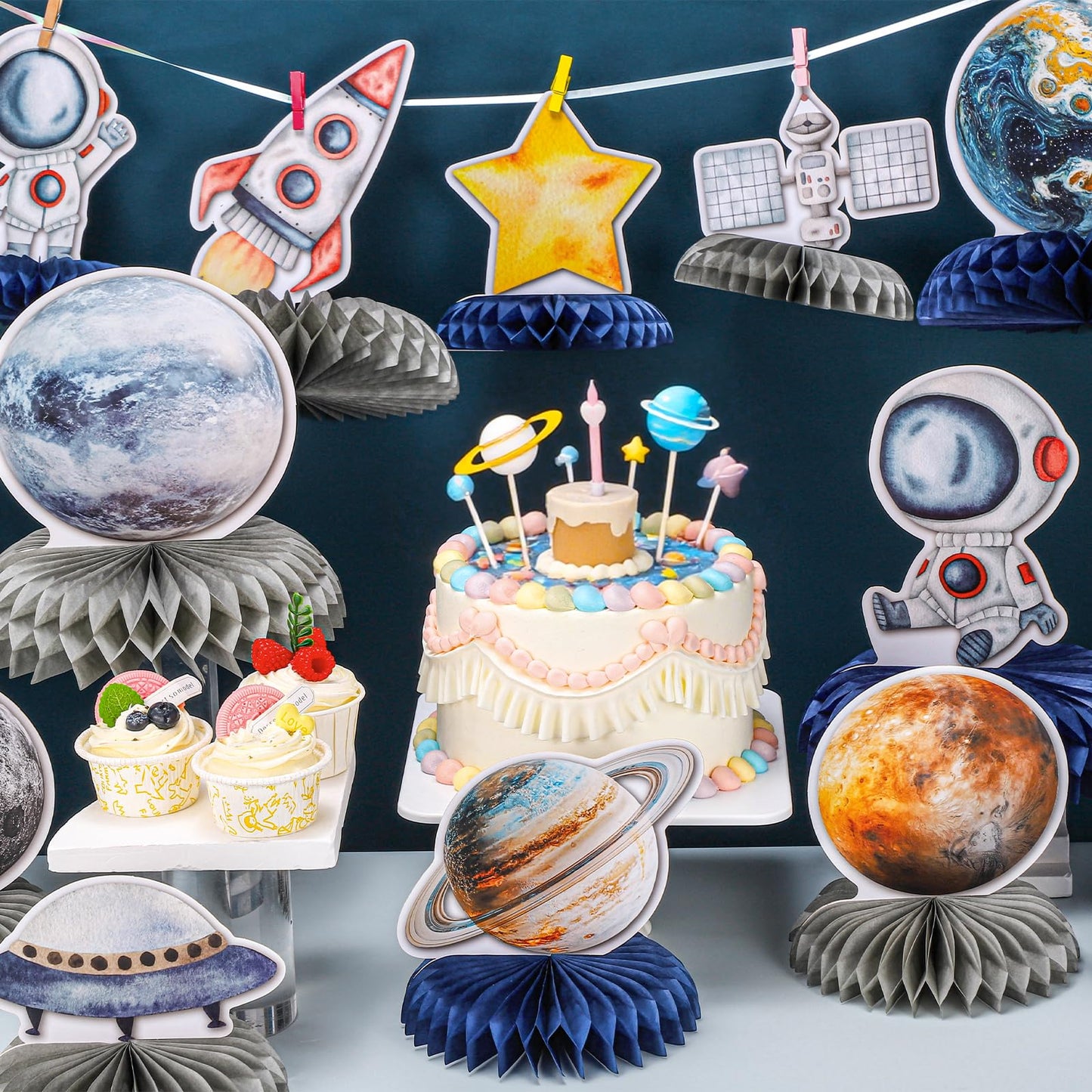 NatNarr 12-Piece Space Theme Honeycomb Centerpieces for Astronaut Birthday Parties