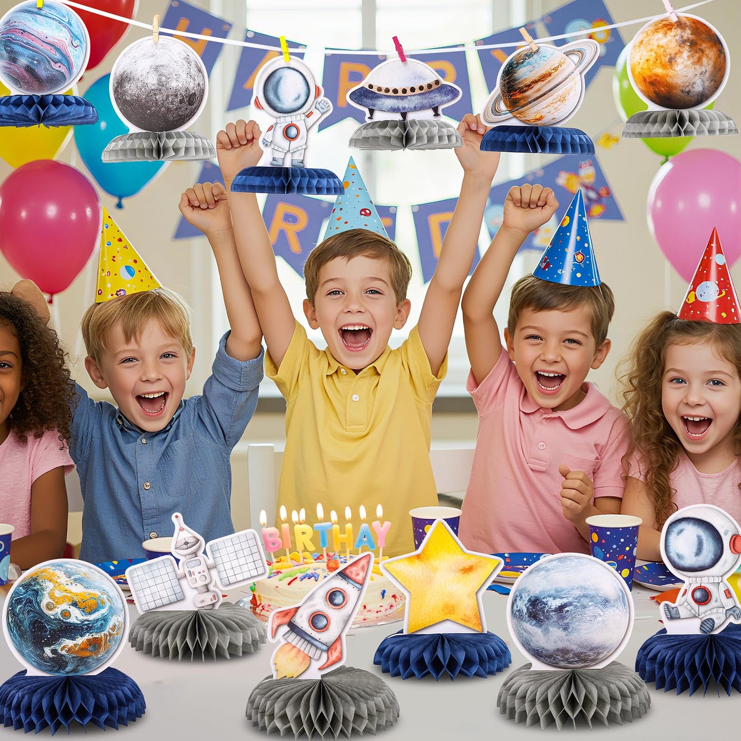 NatNarr 12-Piece Space Theme Honeycomb Centerpieces for Astronaut Birthday Parties