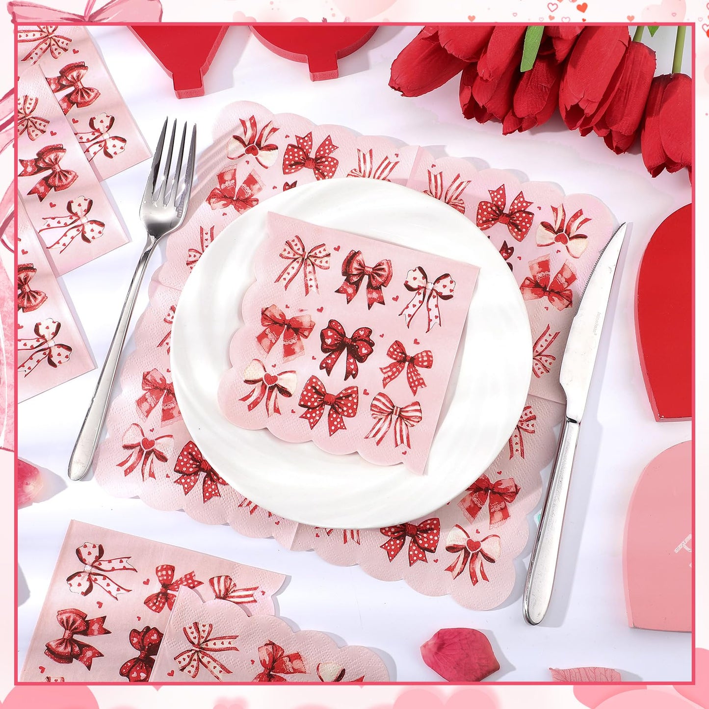 NatNarr 100 Pcs Valentines Napkins — Scalloped Pink & Red Bow Cocktail Napkins for Weddings & Parties