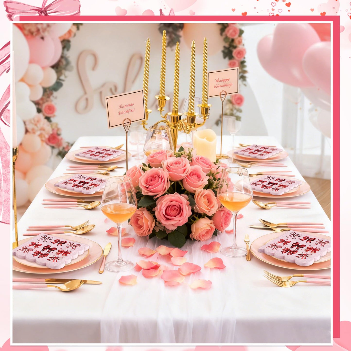 NatNarr 100 Pcs Valentines Napkins — Scalloped Pink & Red Bow Cocktail Napkins for Weddings & Parties