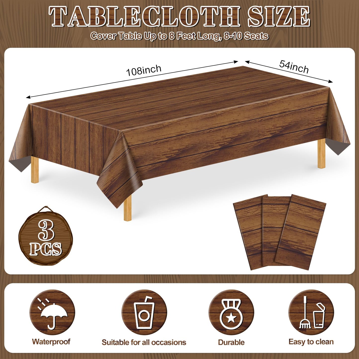 NatNarr 3 Pack Wood Grain Tablecloths | 54 x 108 in Disposable Rustic Rectangular Covers