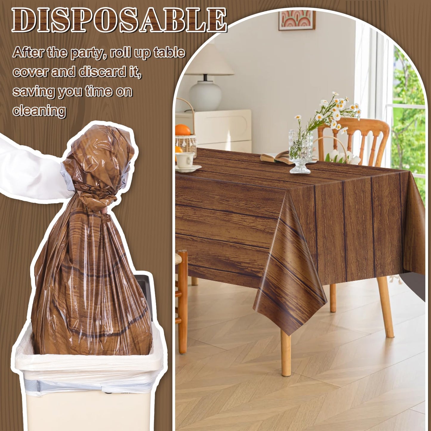 NatNarr 3 Pack Wood Grain Tablecloths | 54 x 108 in Disposable Rustic Rectangular Covers